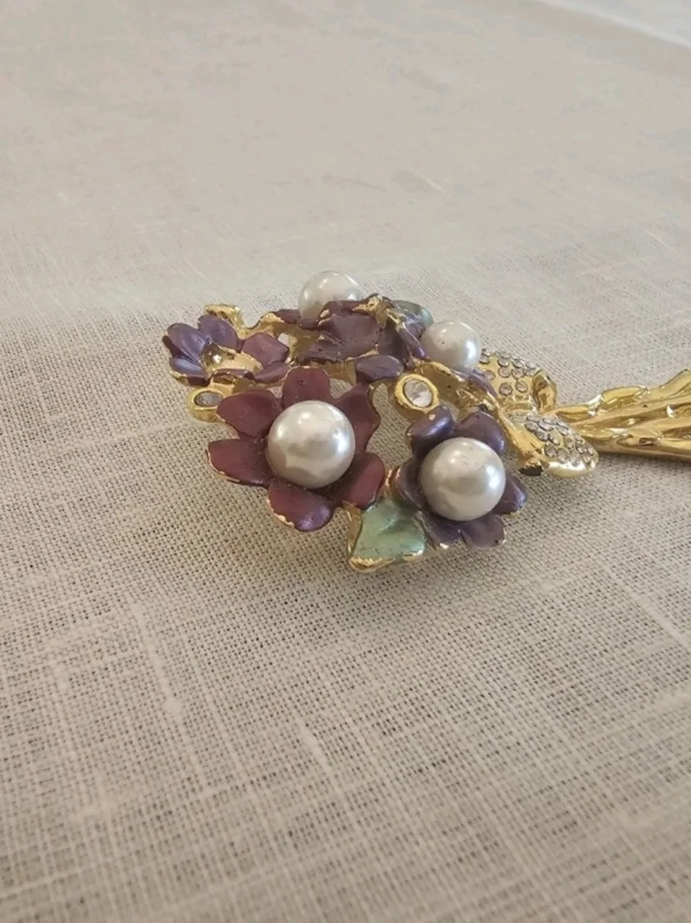 Vintage Gold Tone Enamel Flower Bouquet Brooch/Pin w Faux Pearls & Rhinestones
